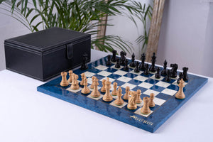 Schachspiel Azur aus <br>Eschenmaserholz und Buchsbaumholz