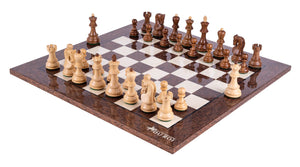 Schachspiel Suzerain aus <br>Eschenmaserholz und Buchsbaum