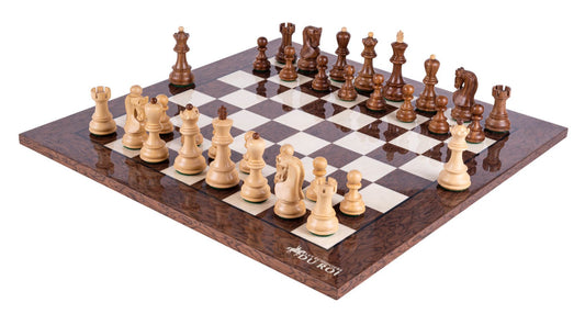 Schachspiel Suzerain aus <br>Eschenmaserholz und Buchsbaum