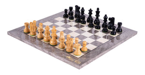 Schachspiel Graphit aus <br>Eschenmaserholz und Buchsbaumholz