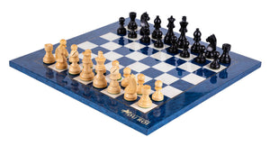 Schachspiel Saphir aus <br>Eschenmaserholz und Buchsbaumholz
