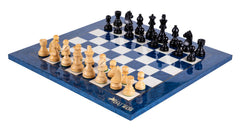 Schachspiel Saphir aus <br>Eschenmaserholz und Buchsbaumholz