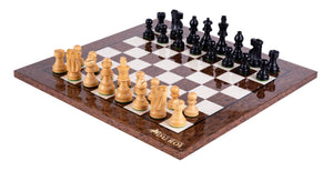 Schachspiel Hegemonisch aus <br>Eschenmaserholz und Buchsbaumholz