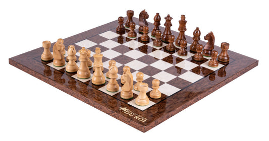 Schachspiel Höchste aus <br>Eschenmaserholz und Buchsbaumholz